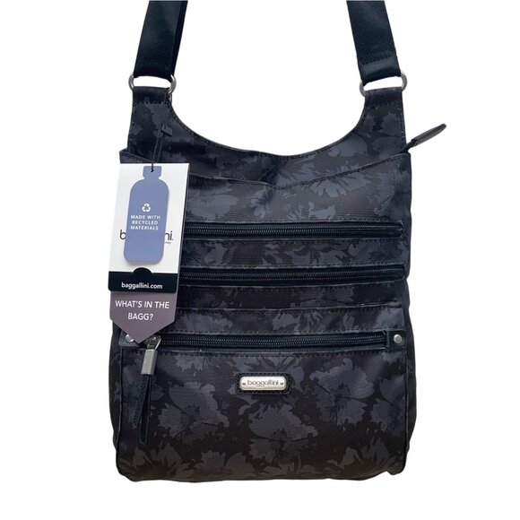 Baggallini Black Floral Design Adjustable Strap Zippered RFID Crossbody Bag Sz M - Picture 1 of 14